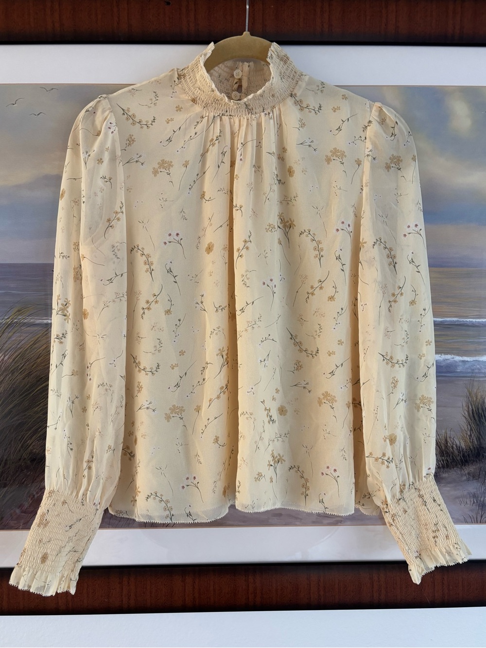 Aritzia Wilfred Valencia Floral Chiffon Mock Neck Blouse Yellow Delicate XS